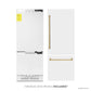 ZLINE Autograph Edition 30 in. 16.1 cu. ft. Built-In Bottom Freezer Refrigerator with Water Dispenser and Ice Maker in White Matte with Polished Gold Accents (RBIVZ-WM-30-G) front, refrigeration unit next to panels and handles. Text: Handles and panels included.
