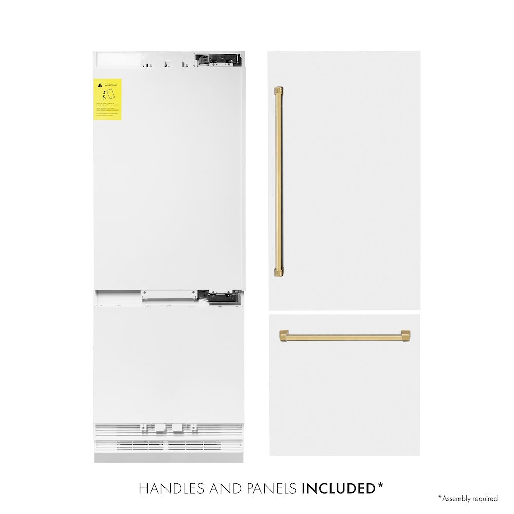 ZLINE Autograph Edition 30 in. 16.1 cu. ft. Built-In Bottom Freezer Refrigerator with Water Dispenser and Ice Maker in White Matte with Polished Gold Accents (RBIVZ-WM-30-G) front, refrigeration unit next to panels and handles. Text: Handles and panels included.