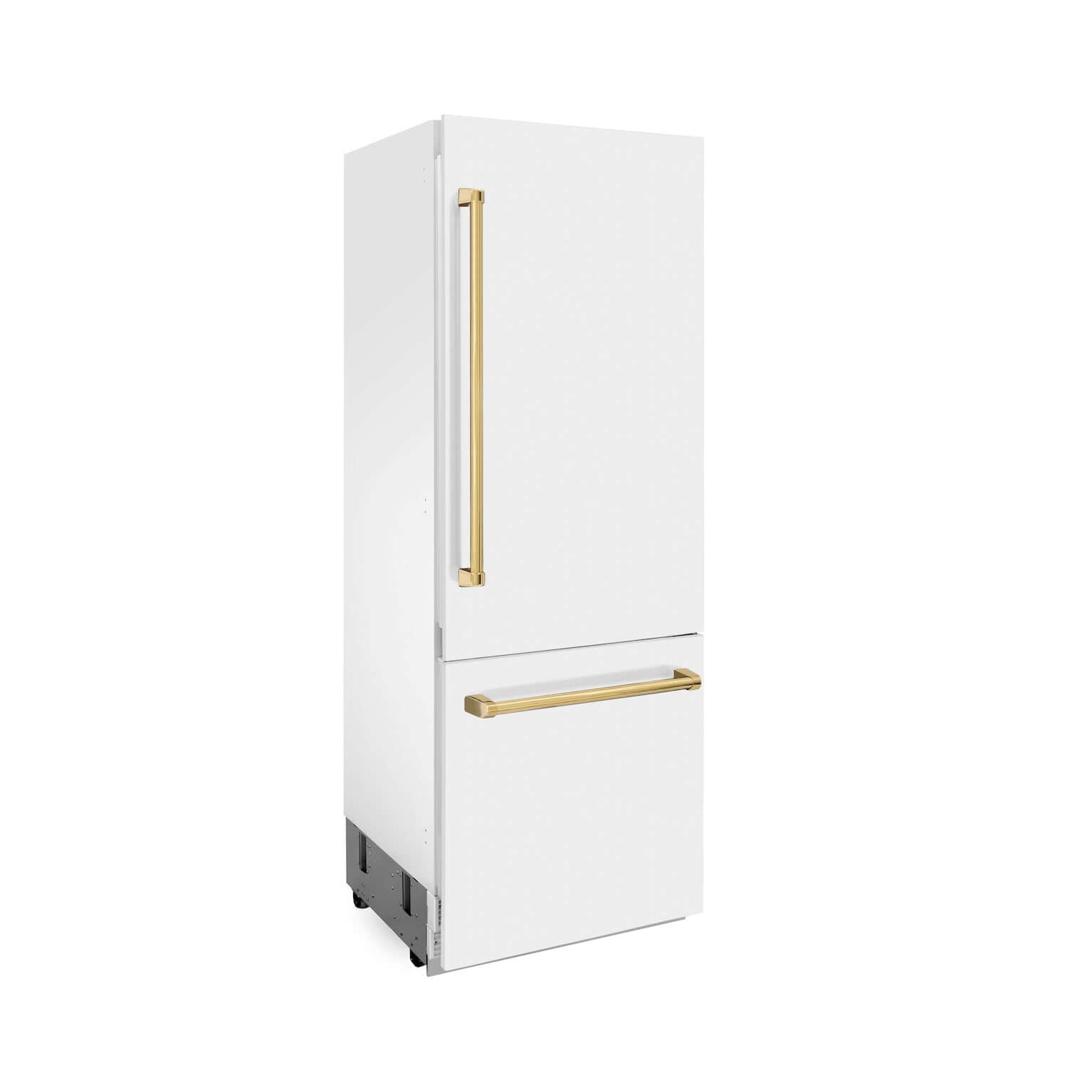 ZLINE Autograph Edition 30 in. 16.1 cu. ft. Built-in 2-Door Bottom Freezer Refrigerator with Internal Water and Ice Dispenser in White Matte with Polished Gold Accents (RBIVZ-WM-30-G) side.
