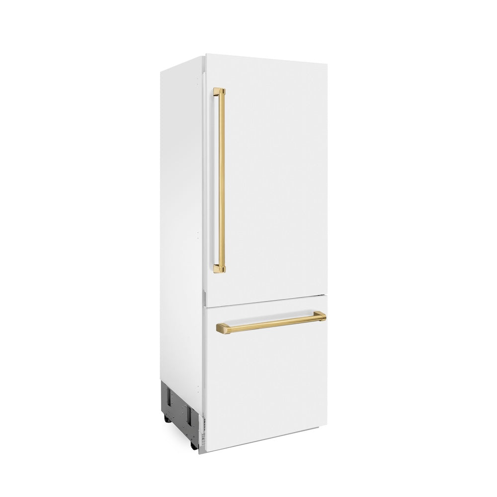 ZLINE Autograph Edition 30 in. 16.1 cu. ft. Built-In Bottom Freezer Refrigerator with Water Dispenser and Ice Maker in White Matte with Polished Gold Accents (RBIVZ-WM-30-G) side, closed.