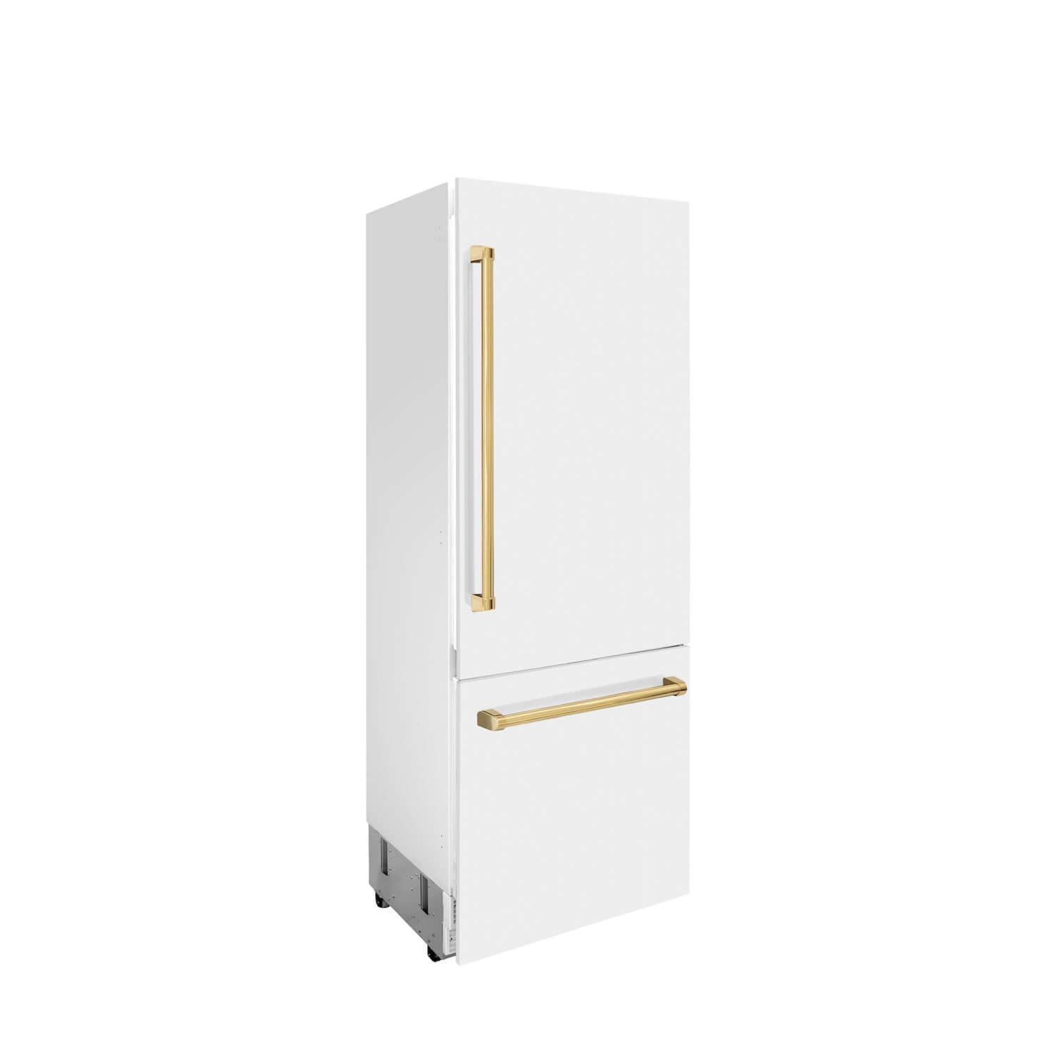 ZLINE Autograph Edition 30 in. 16.1 cu. ft. Built-in 2-Door Bottom Freezer Refrigerator with Internal Water and Ice Dispenser in White Matte with Polished Gold Accents (RBIVZ-WM-30-G) side, closed.