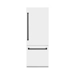 ZLINE Autograph Edition 30 in. 16.1 cu. ft. Built-In Bottom Freezer Refrigerator with Water Dispenser and Ice Maker in White Matte with Matte Black Accents (RBIVZ-WM-30-MB) front, closed.