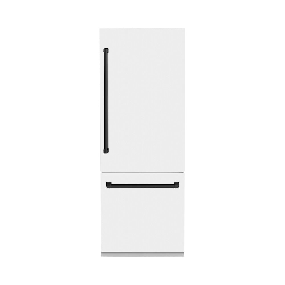 ZLINE Autograph Edition 30 in. 16.1 cu. ft. Built-In Bottom Freezer Refrigerator with Water Dispenser and Ice Maker in White Matte with Matte Black Accents (RBIVZ-WM-30-MB) front, closed.