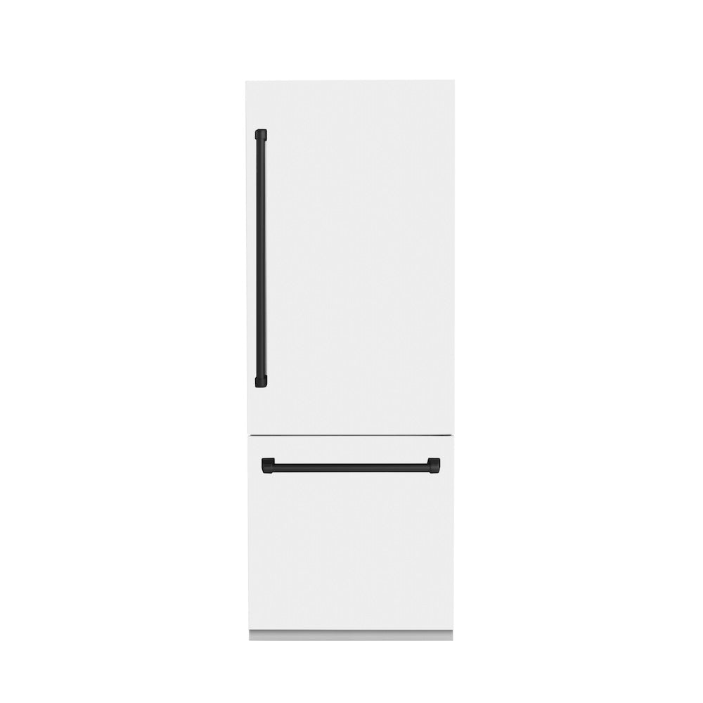 ZLINE Autograph Edition 30 in. 16.1 cu. ft. Built-In Bottom Freezer Refrigerator with Water Dispenser and Ice Maker in White Matte with Matte Black Accents (RBIVZ-WM-30-MB) front, closed.