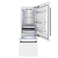 ZLINE Autograph Edition 30 in. 16.1 cu. ft. Built-In Bottom Freezer Refrigerator with Water Dispenser and Ice Maker in White Matte with Matte Black Accents (RBIVZ-WM-30-MB) front, refrigeration compartment and bottom freezer open with lights on.
