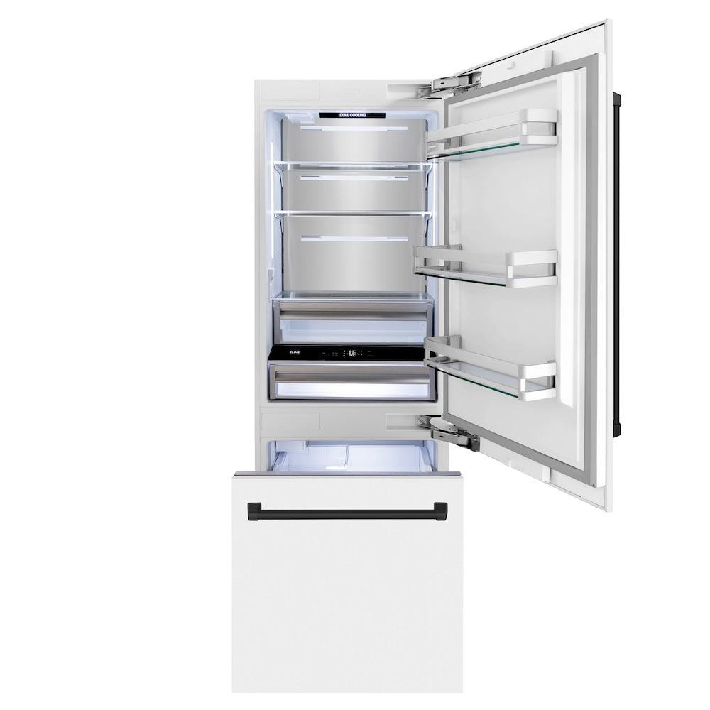ZLINE Autograph Edition 30 in. 16.1 cu. ft. Built-In Bottom Freezer Refrigerator with Water Dispenser and Ice Maker in White Matte with Matte Black Accents (RBIVZ-WM-30-MB) front, refrigeration compartment and bottom freezer open with lights on.