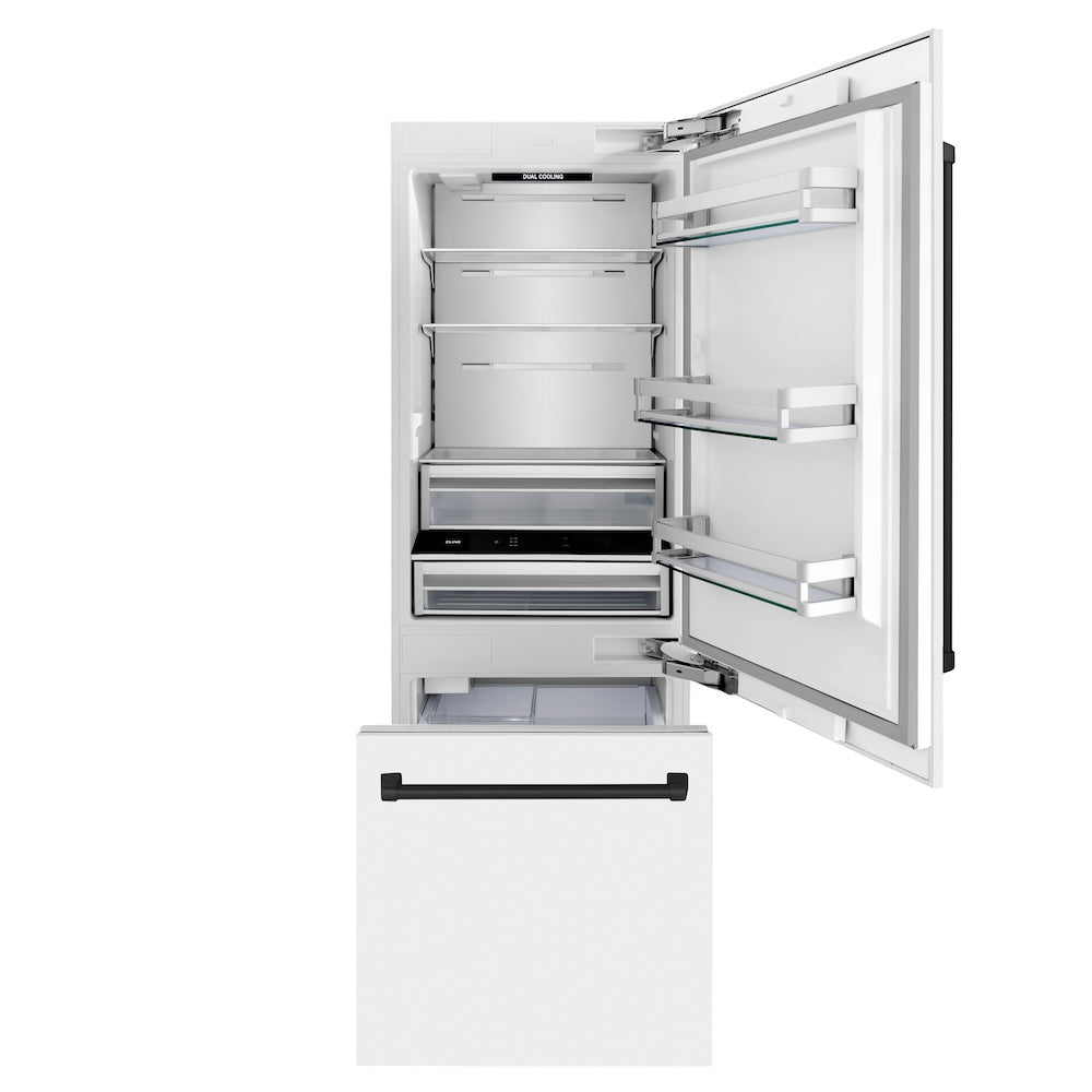 ZLINE Autograph Edition 30 in. 16.1 cu. ft. Built-In Bottom Freezer Refrigerator with Water Dispenser and Ice Maker in White Matte with Matte Black Accents (RBIVZ-WM-30-MB) front, open, empty.