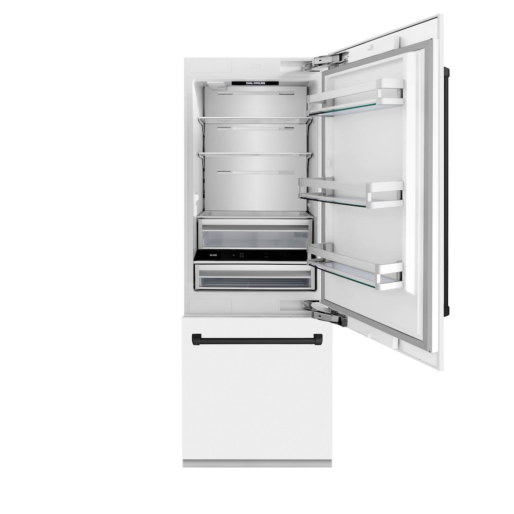 ZLINE Autograph Edition 30 in. 16.1 cu. ft. Built-In Bottom Freezer Refrigerator with Water Dispenser and Ice Maker in White Matte with Matte Black Accents (RBIVZ-WM-30-MB) front, open, empty.