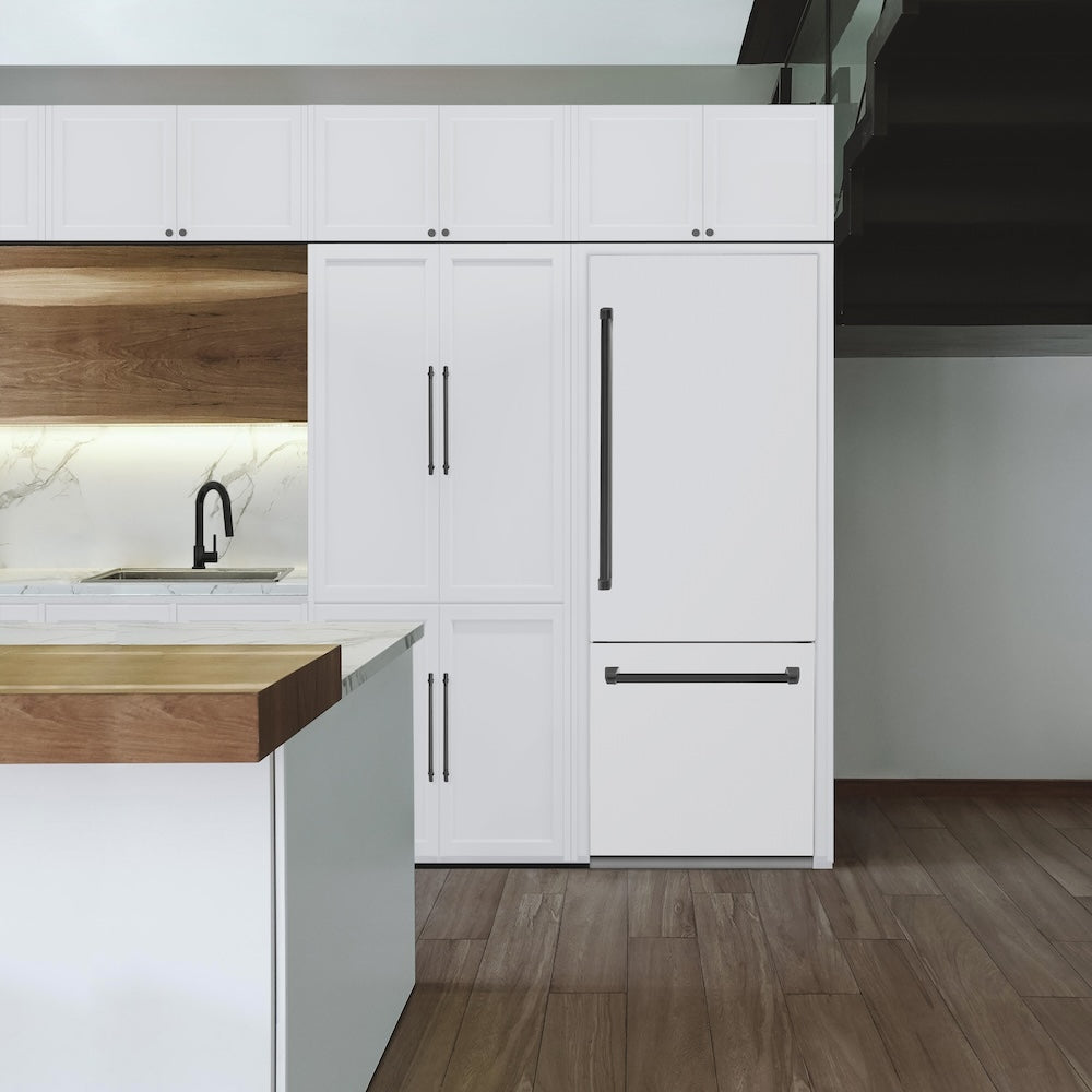 ZLINE Autograph Edition 30 in. 16.1 cu. ft. Built-In Bottom Freezer Refrigerator with Water Dispenser and Ice Maker in White Matte with Matte Black Accents (RBIVZ-WM-30-MB) in a luxury kitchen.
