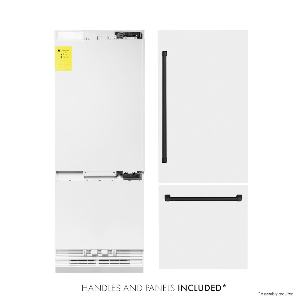ZLINE Autograph Edition 30 in. 16.1 cu. ft. Built-In Bottom Freezer Refrigerator with Water Dispenser and Ice Maker in White Matte with Matte Black Accents (RBIVZ-WM-30-MB) front, refrigeration unit next to panels and handles. Text: Handles and panels included.