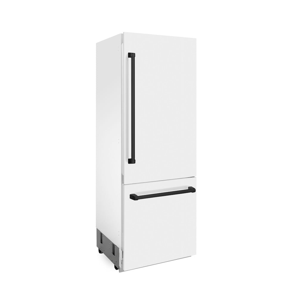 ZLINE Autograph Edition 30 in. 16.1 cu. ft. Built-In Bottom Freezer Refrigerator with Water Dispenser and Ice Maker in White Matte with Matte Black Accents (RBIVZ-WM-30-MB) side, closed.