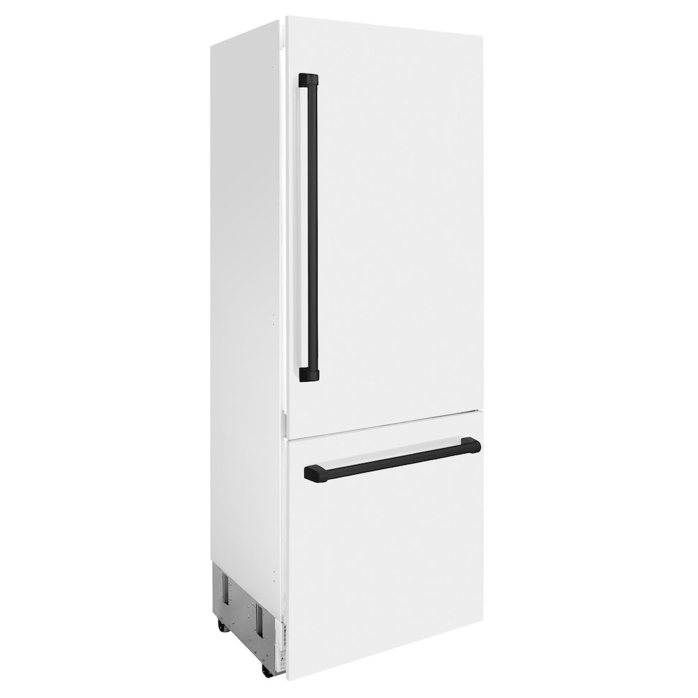 ZLINE Autograph Edition 30 in. 16.1 cu. ft. Built-in 2-Door Bottom Freezer Refrigerator with Internal Water and Ice Dispenser in White Matte with Matte Black Accents (RBIVZ-WM-30-MB) side, closed.