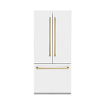 ZLINE Autograph Edition 36 in. 19.6 cu. ft. French Door Built-In Bottom Freezer Refrigerator with Water Dispenser and Ice Maker in White Matte with Champagne Bronze Accents (RBIVZ-WM-36-CB) front, closed.