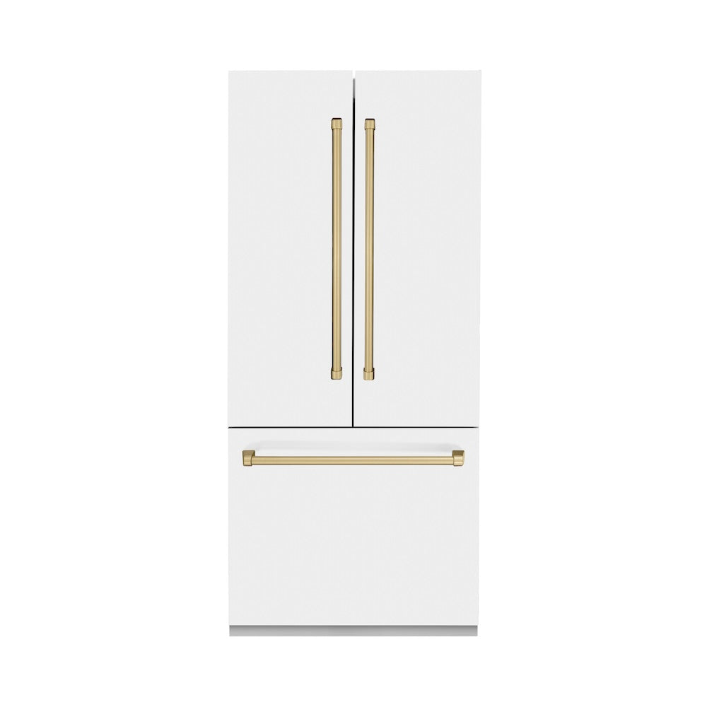 ZLINE Autograph Edition 36 in. 19.6 cu. ft. French Door Built-In Bottom Freezer Refrigerator with Water Dispenser and Ice Maker in White Matte with Champagne Bronze Accents (RBIVZ-WM-36-CB) front, closed.