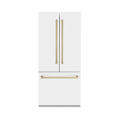 ZLINE Autograph Edition 36 in. 19.6 cu. ft. French Door Built-In Bottom Freezer Refrigerator with Water Dispenser and Ice Maker in White Matte with Champagne Bronze Accents (RBIVZ-WM-36-CB) front, closed.