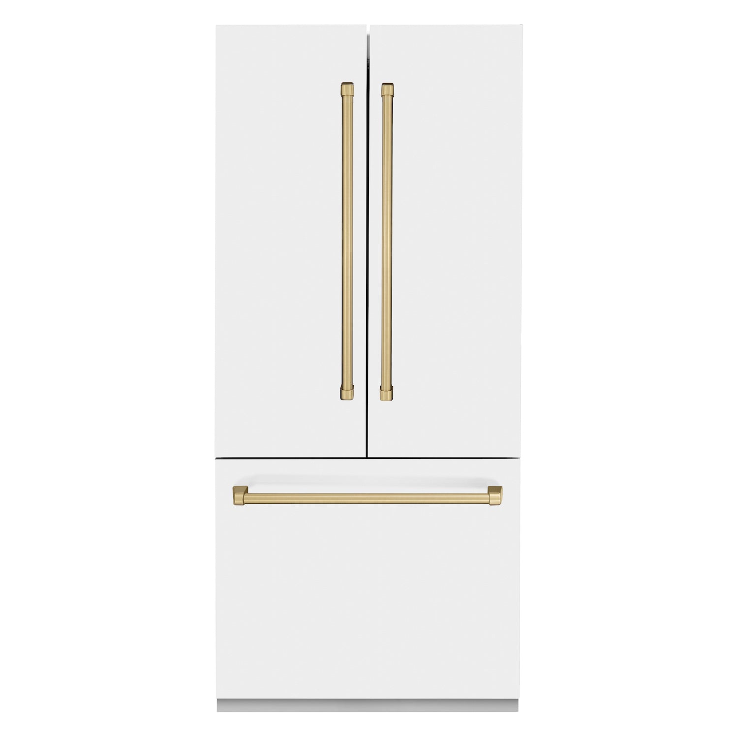 ZLINE Autograph Edition 36 in. 19.6 cu. ft. Built-in 2-Door Bottom Freezer Refrigerator with Internal Water and Ice Dispenser in White Matte with Champagne Bronze Accents (RBIVZ-WM-36-CB) front, closed.