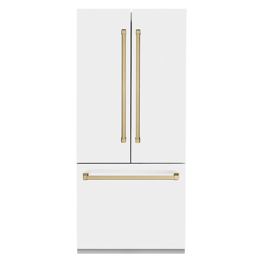 ZLINE Autograph Edition 36 in. 19.6 cu. ft. French Door Built-In Bottom Freezer Refrigerator with Water Dispenser and Ice Maker in White Matte with Champagne Bronze Accents (RBIVZ-WM-36-CB) front, closed.