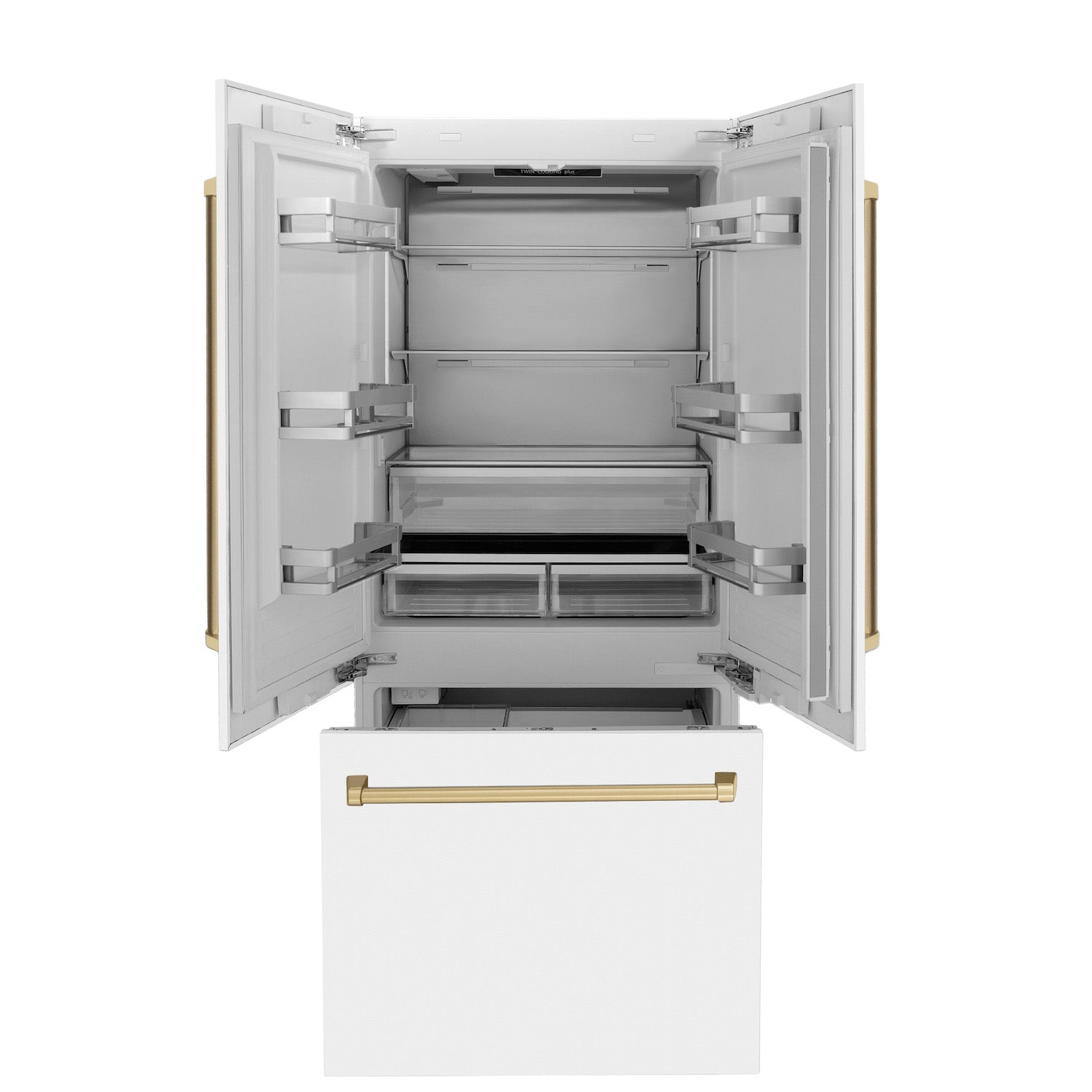 ZLINE Autograph Edition 36 in. Built-in Refrigerator in White Matte with Champagne Bronze Accents (RBIVZ-WM-36-CB) front, with doors and bottom freezer drawer open.