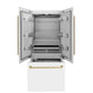 ZLINE Autograph Edition 36 in. 19.6 cu. ft. French Door Built-In Bottom Freezer Refrigerator with Water Dispenser and Ice Maker in White Matte with Champagne Bronze Accents (RBIVZ-WM-36-CB) front, open, empty.