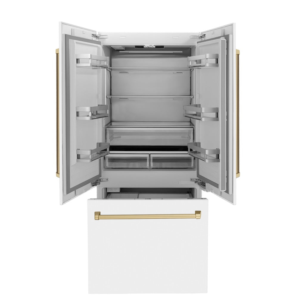 ZLINE Autograph Edition 36 in. 19.6 cu. ft. French Door Built-In Bottom Freezer Refrigerator with Water Dispenser and Ice Maker in White Matte with Champagne Bronze Accents (RBIVZ-WM-36-CB) front, open, empty.