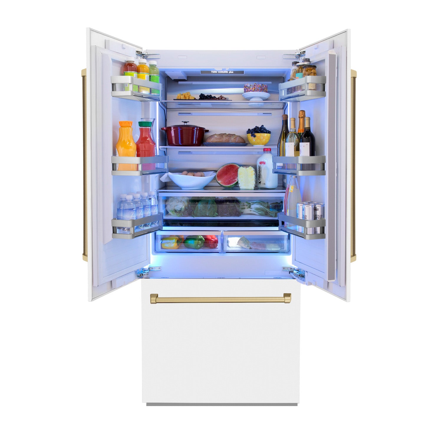 ZLINE Autograph Edition 36 in. 19.6 cu. ft. Built-in 2-Door Bottom Freezer Refrigerator with Internal Water and Ice Dispenser in White Matte with Champagne Bronze Accents (RBIVZ-WM-36-CB) front, open with food inside refrigeration compartment.
