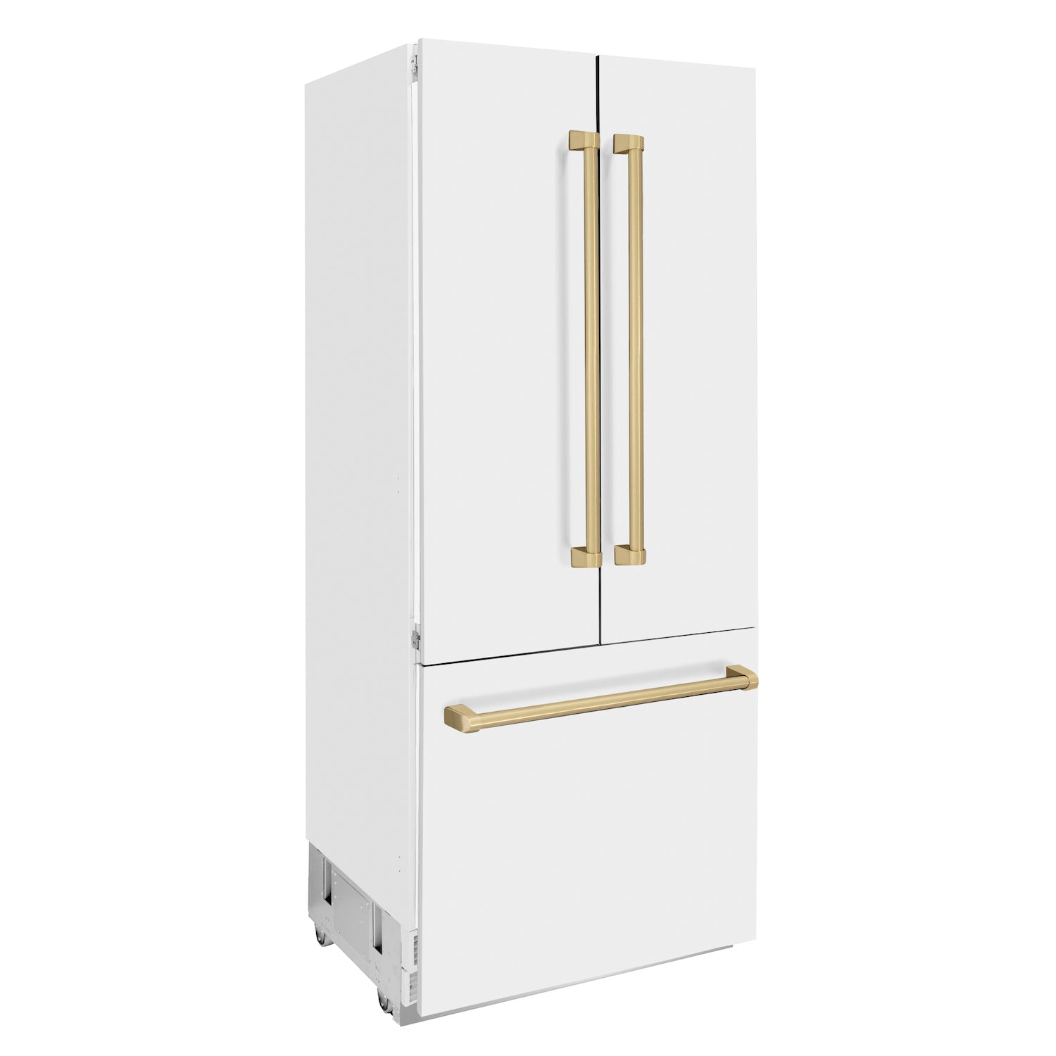 ZLINE Autograph Edition 36 in. 19.6 cu. ft. Built-in 2-Door Bottom Freezer Refrigerator with Internal Water and Ice Dispenser in White Matte with Champagne Bronze Accents (RBIVZ-WM-36-CB) side, closed.