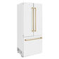 ZLINE Autograph Edition 36 in. 19.6 cu. ft. French Door Built-In Bottom Freezer Refrigerator with Water Dispenser and Ice Maker in White Matte with Champagne Bronze Accents (RBIVZ-WM-36-CB) side, closed.
