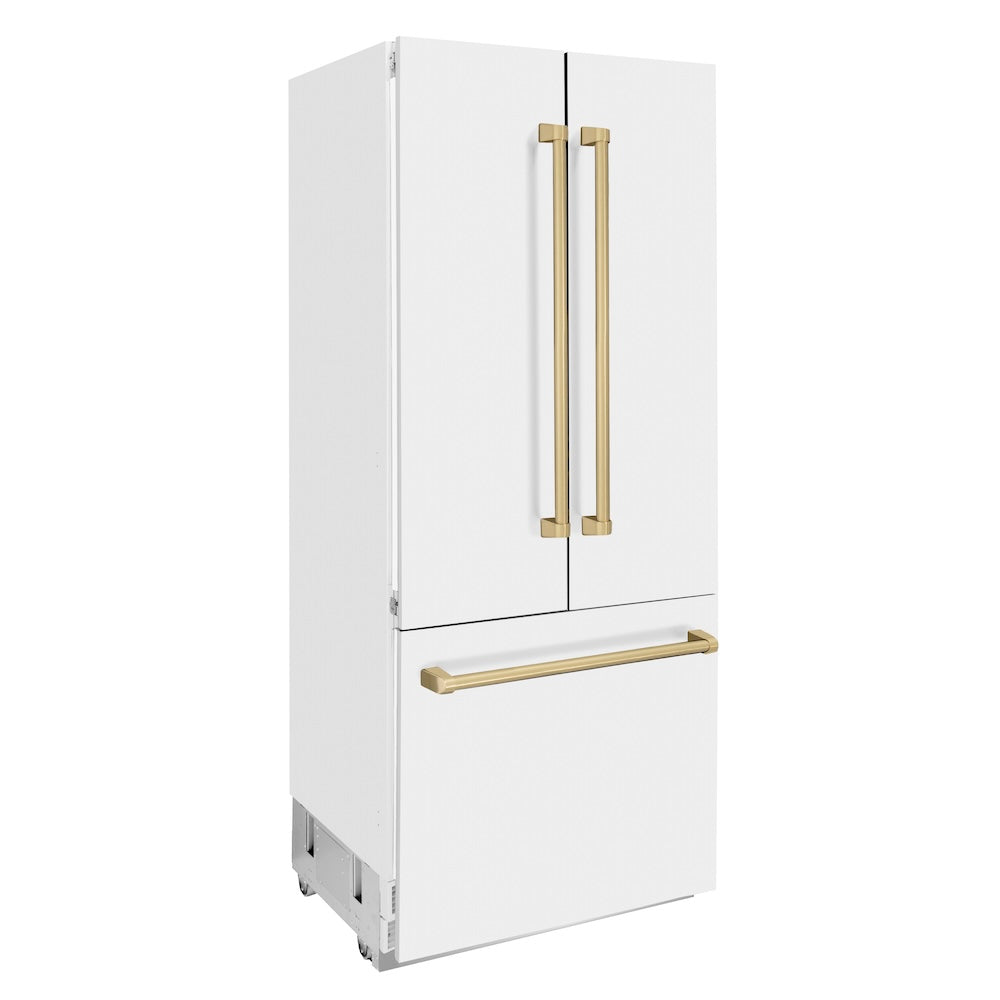 ZLINE Autograph Edition 36 in. 19.6 cu. ft. French Door Built-In Bottom Freezer Refrigerator with Water Dispenser and Ice Maker in White Matte with Champagne Bronze Accents (RBIVZ-WM-36-CB) side, closed.