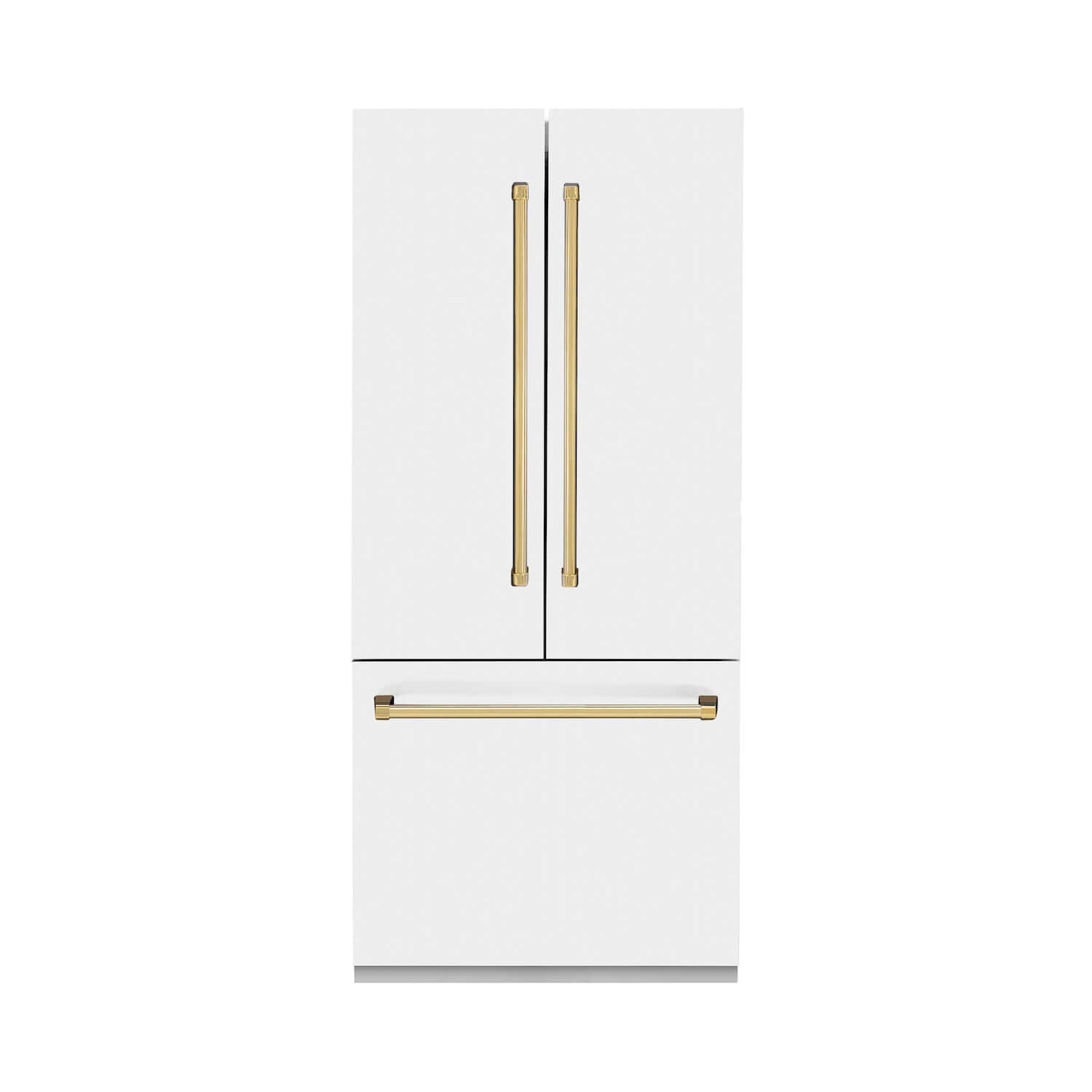 ZLINE Autograph Edition 36" Built-in French Door White Matte Refrigerator with Polished Gold Accents front.