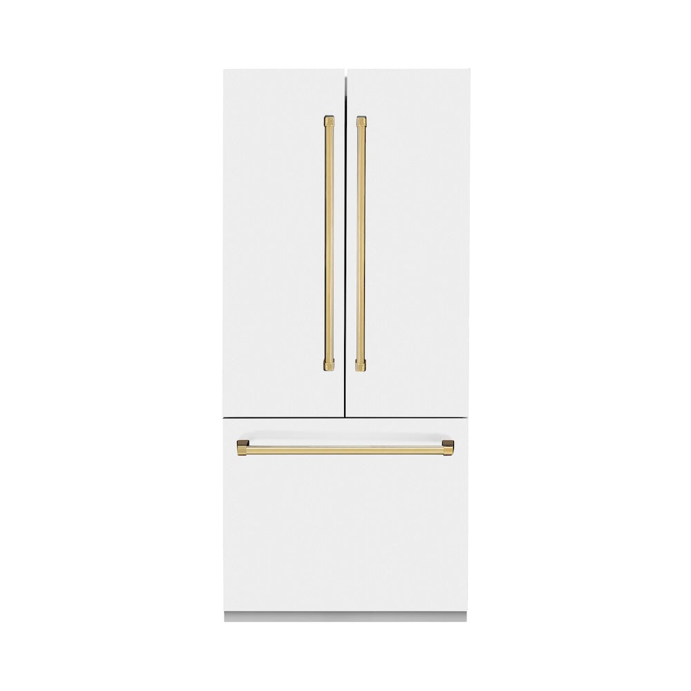 ZLINE Autograph Edition 36 in. 19.6 cu. ft. French Door Built-In Bottom Freezer Refrigerator with Water Dispenser and Ice Maker in White Matte with Polished Gold Accents (RBIVZ-WM-36-G) main image.