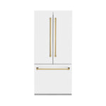 ZLINE Autograph Edition 36 in. 19.6 cu. ft. French Door Built-In Bottom Freezer Refrigerator with Water Dispenser and Ice Maker in White Matte with Polished Gold Accents (RBIVZ-WM-36-G) front, closed.