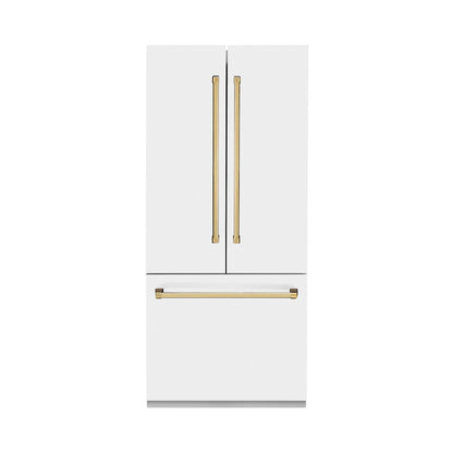 ZLINE Autograph Edition 36 in. 19.6 cu. ft. French Door Built-In Bottom Freezer Refrigerator with Water Dispenser and Ice Maker in White Matte with Polished Gold Accents (RBIVZ-WM-36-G) front, closed.