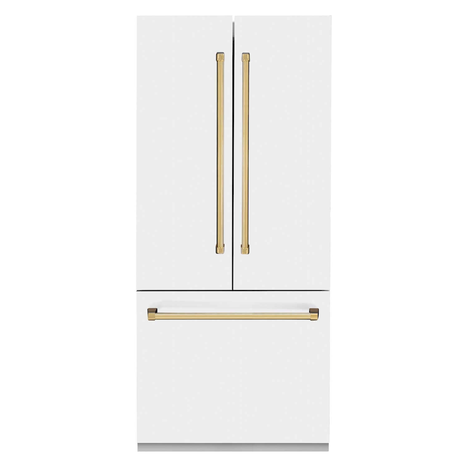 ZLINE 36 in. Autograph Edition Built-in Refrigerator in White Matte with Polished Gold Accents front.