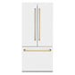 ZLINE Autograph Edition 36 in. 19.6 cu. ft. French Door Built-In Bottom Freezer Refrigerator with Water Dispenser and Ice Maker in White Matte with Polished Gold Accents (RBIVZ-WM-36-G) front, closed.