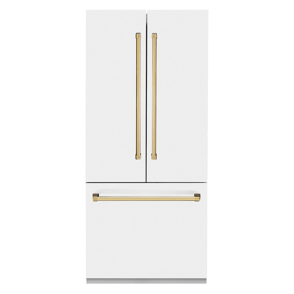 ZLINE Autograph Edition 36 in. 19.6 cu. ft. French Door Built-In Bottom Freezer Refrigerator with Water Dispenser and Ice Maker in White Matte with Polished Gold Accents (RBIVZ-WM-36-G) front, closed.