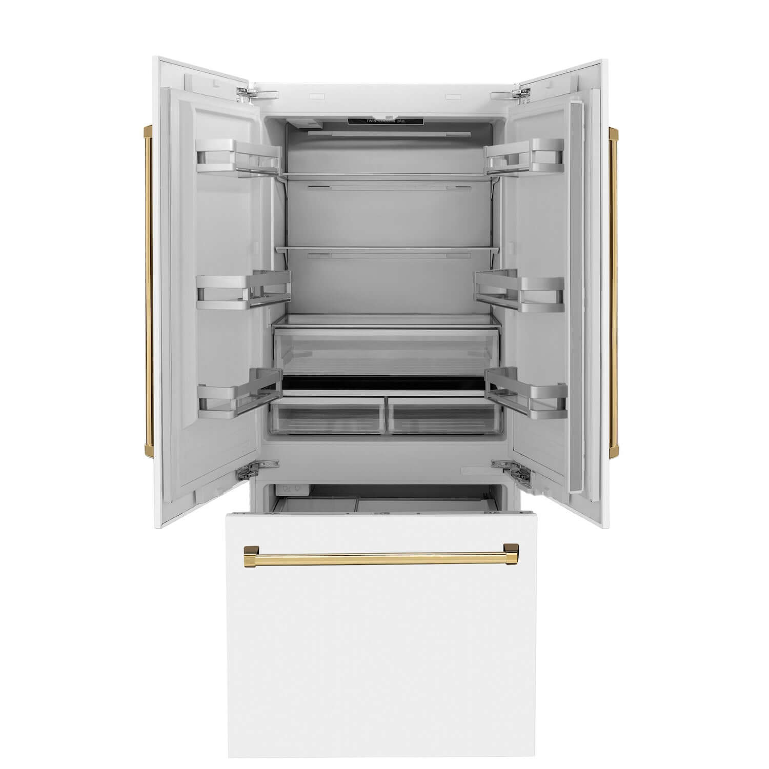 ZLINE 36 in. Autograph Edition Built-in Refrigerator in White Matte with Polished Gold Accents front with doors open.