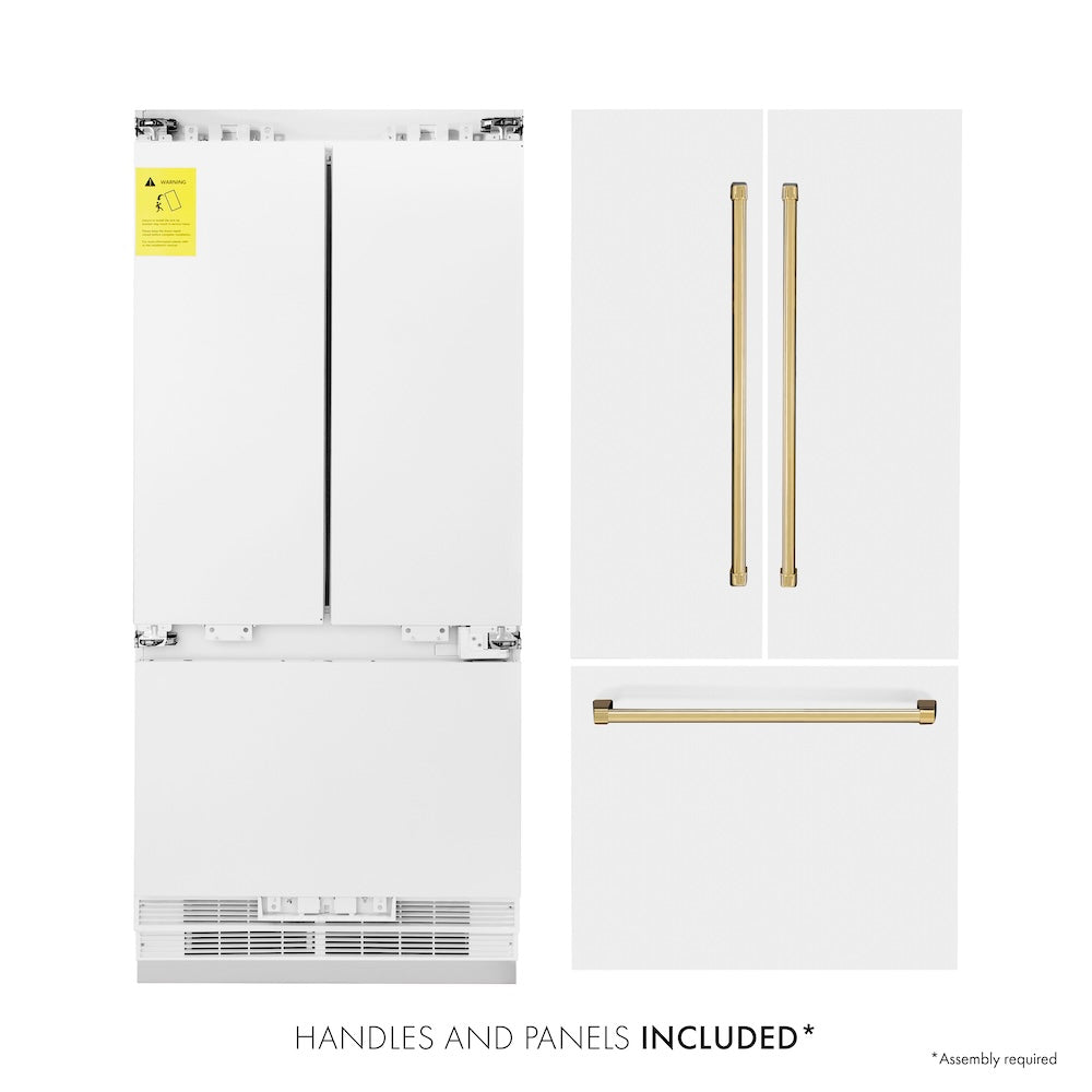 ZLINE Autograph Edition 36 in. 19.6 cu. ft. French Door Built-In Bottom Freezer Refrigerator with Water Dispenser and Ice Maker in White Matte with Polished Gold Accents (RBIVZ-WM-36-G) front, refrigeration unit next to panels and handles. Text: Handles and panels included.