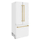 ZLINE Autograph Edition 36 in. 19.6 cu. ft. French Door Built-In Bottom Freezer Refrigerator with Water Dispenser and Ice Maker in White Matte with Polished Gold Accents (RBIVZ-WM-36-G) side, closed.