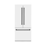 ZLINE Autograph Edition 36 in. 19.6 cu. ft. French Door Built-In Bottom Freezer Refrigerator with Water Dispenser and Ice Maker in White Matte with Matte Black Accents (RBIVZ-WM-36-MB) front, closed.