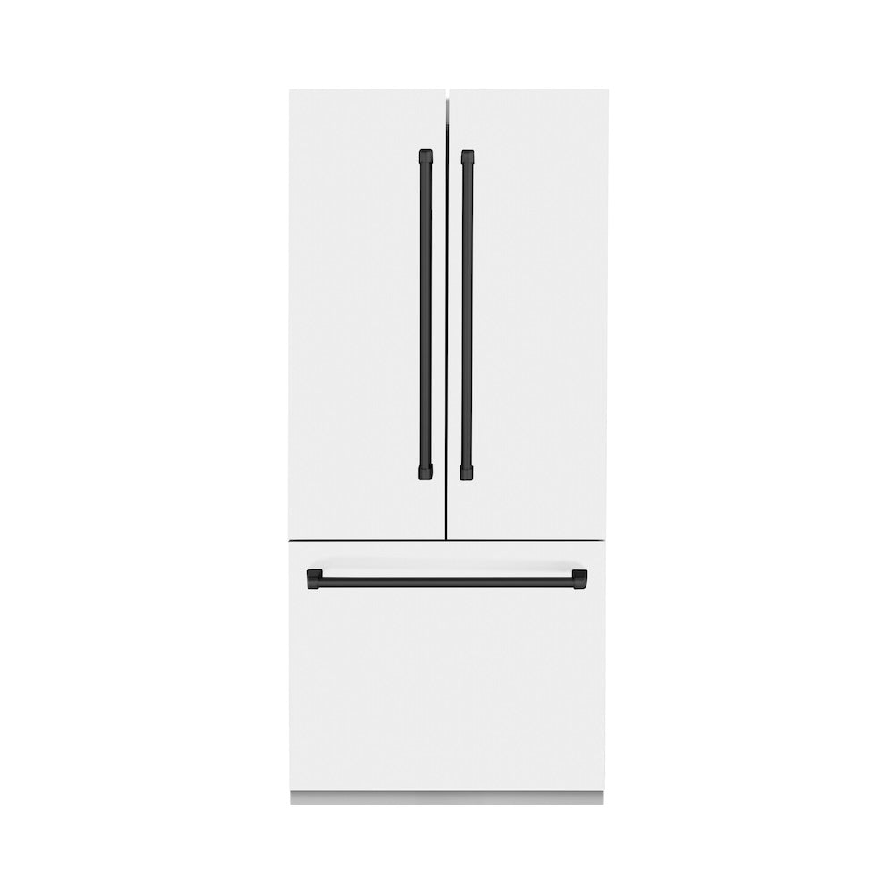 ZLINE Autograph Edition 36 in. 19.6 cu. ft. French Door Built-In Bottom Freezer Refrigerator with Water Dispenser and Ice Maker in White Matte with Matte Black Accents (RBIVZ-WM-36-MB) front, closed.