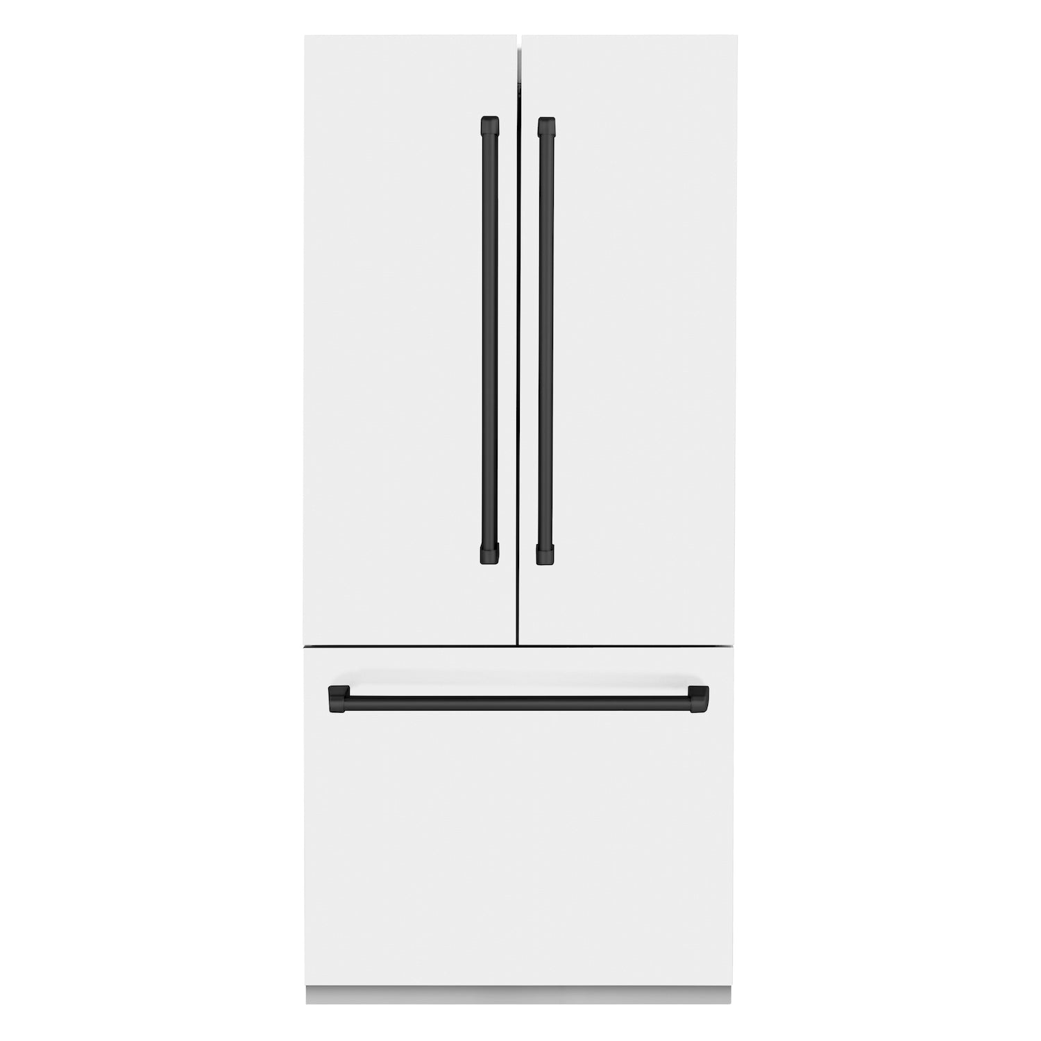 ZLINE Autograph Edition 36 in. 19.6 cu. ft. Built-in 2-Door Bottom Freezer Refrigerator with Internal Water and Ice Dispenser in White Matte with Matte Black Accents (RBIVZ-WM-36-MB) front, closed.