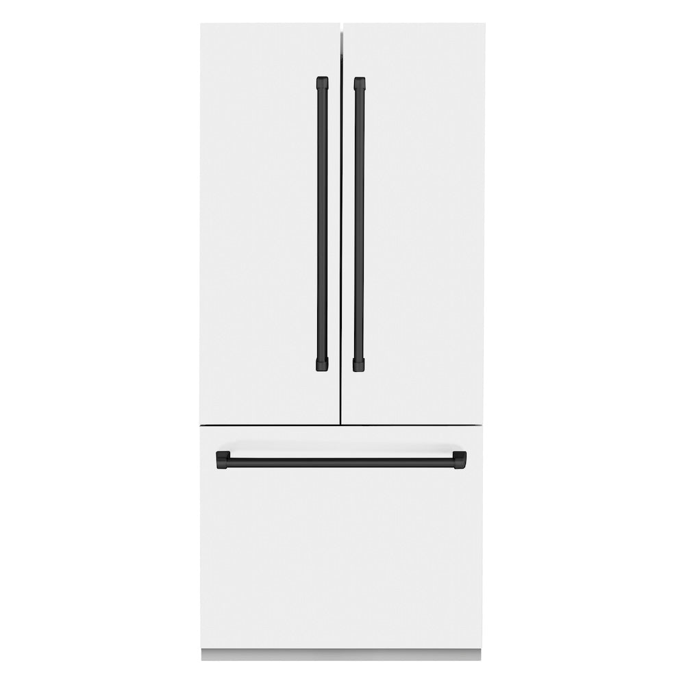 ZLINE Autograph Edition 36 in. 19.6 cu. ft. French Door Built-In Bottom Freezer Refrigerator with Water Dispenser and Ice Maker in White Matte with Matte Black Accents (RBIVZ-WM-36-MB) front, closed.