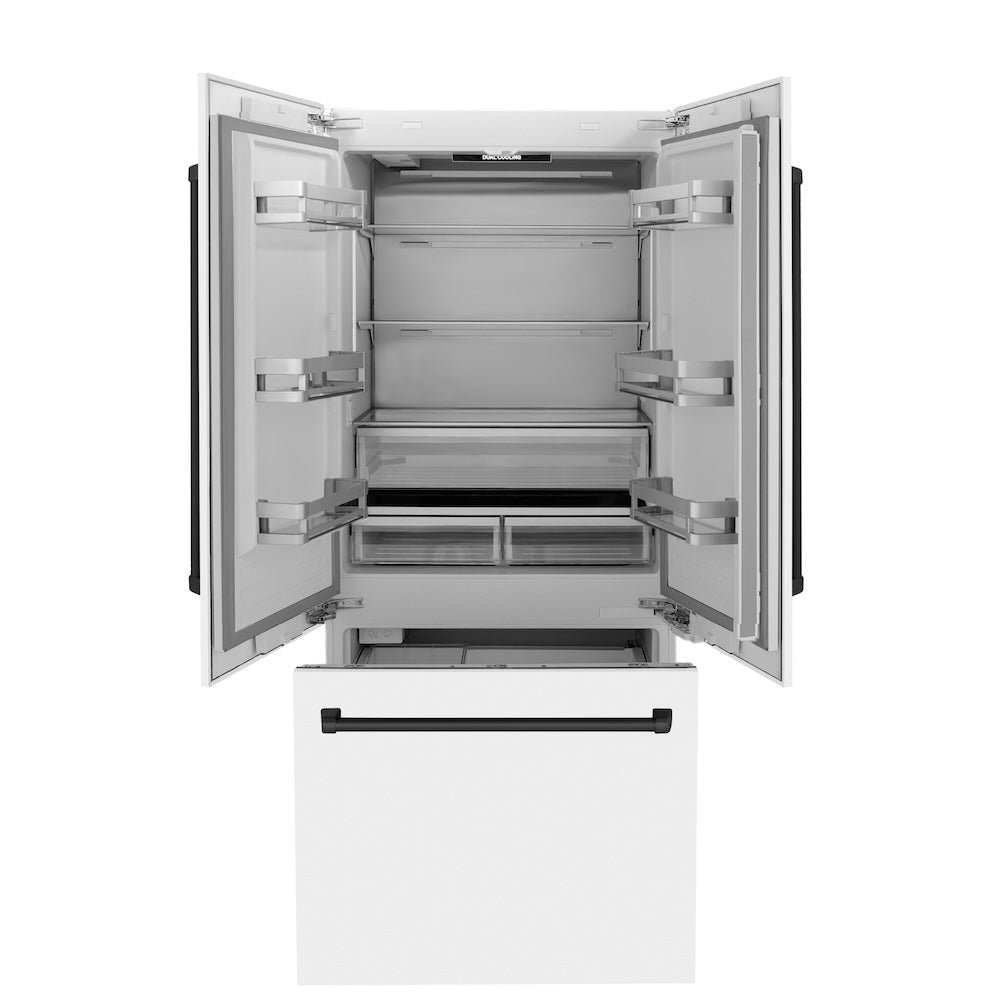 ZLINE Autograph Edition 36 in. 19.6 cu. ft. French Door Built-In Bottom Freezer Refrigerator with Water Dispenser and Ice Maker in White Matte with Matte Black Accents (RBIVZ-WM-36-MB) front, open, empty.