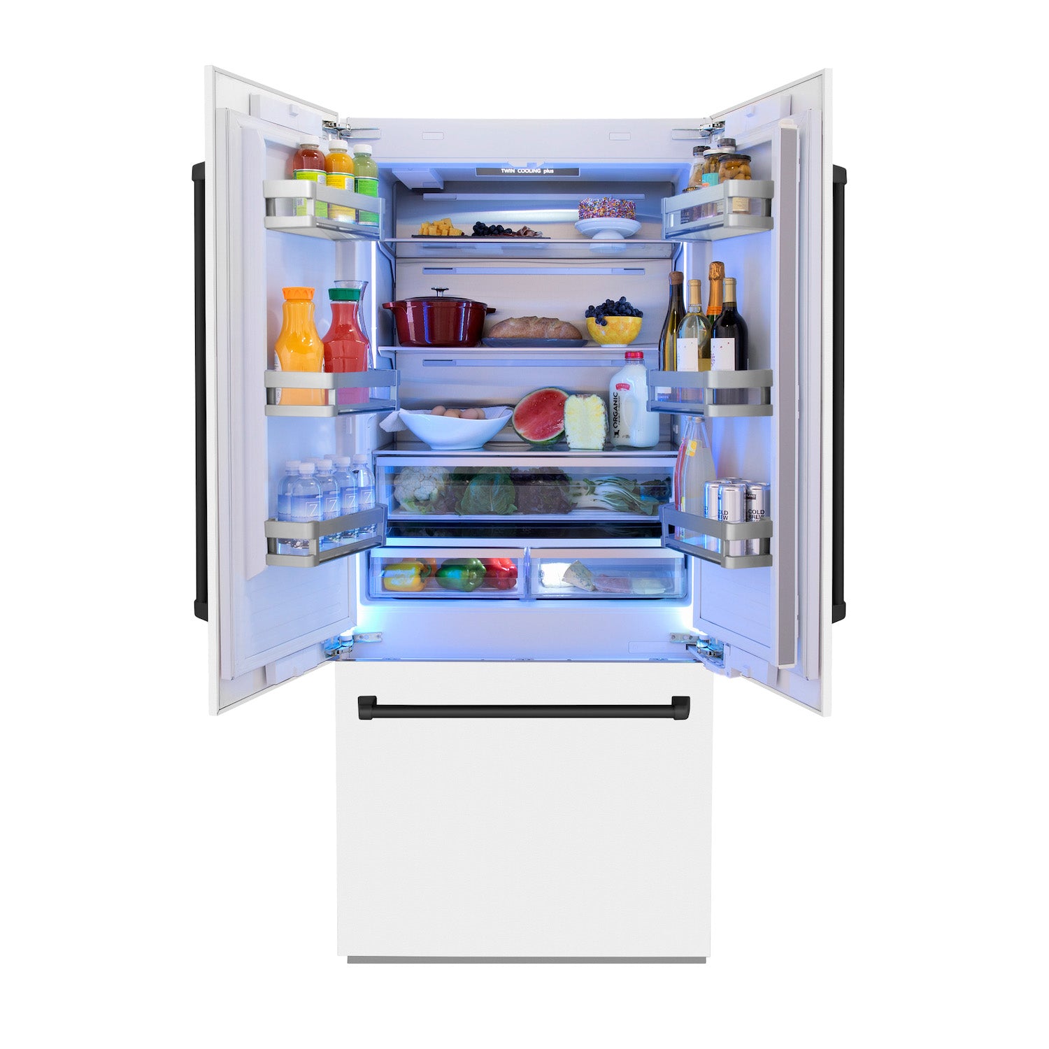 ZLINE Autograph Edition 36 in. 19.6 cu. ft. Built-in 2-Door Bottom Freezer Refrigerator with Internal Water and Ice Dispenser in White Matte with Matte Black Accents (RBIVZ-WM-36-MB) front, open with food inside refrigeration compartment.