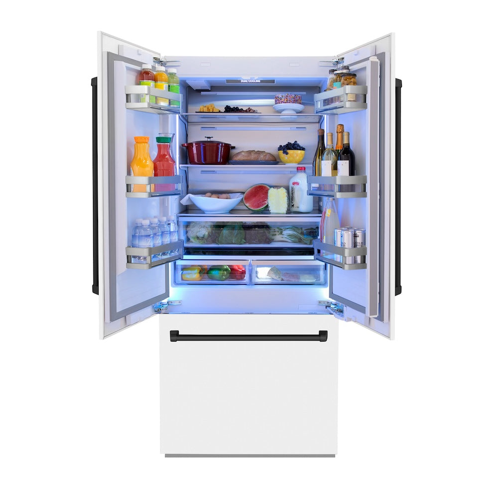 ZLINE Autograph Edition 36 in. 19.6 cu. ft. French Door Built-In Bottom Freezer Refrigerator with Water Dispenser and Ice Maker in White Matte with Matte Black Accents (RBIVZ-WM-36-MB)