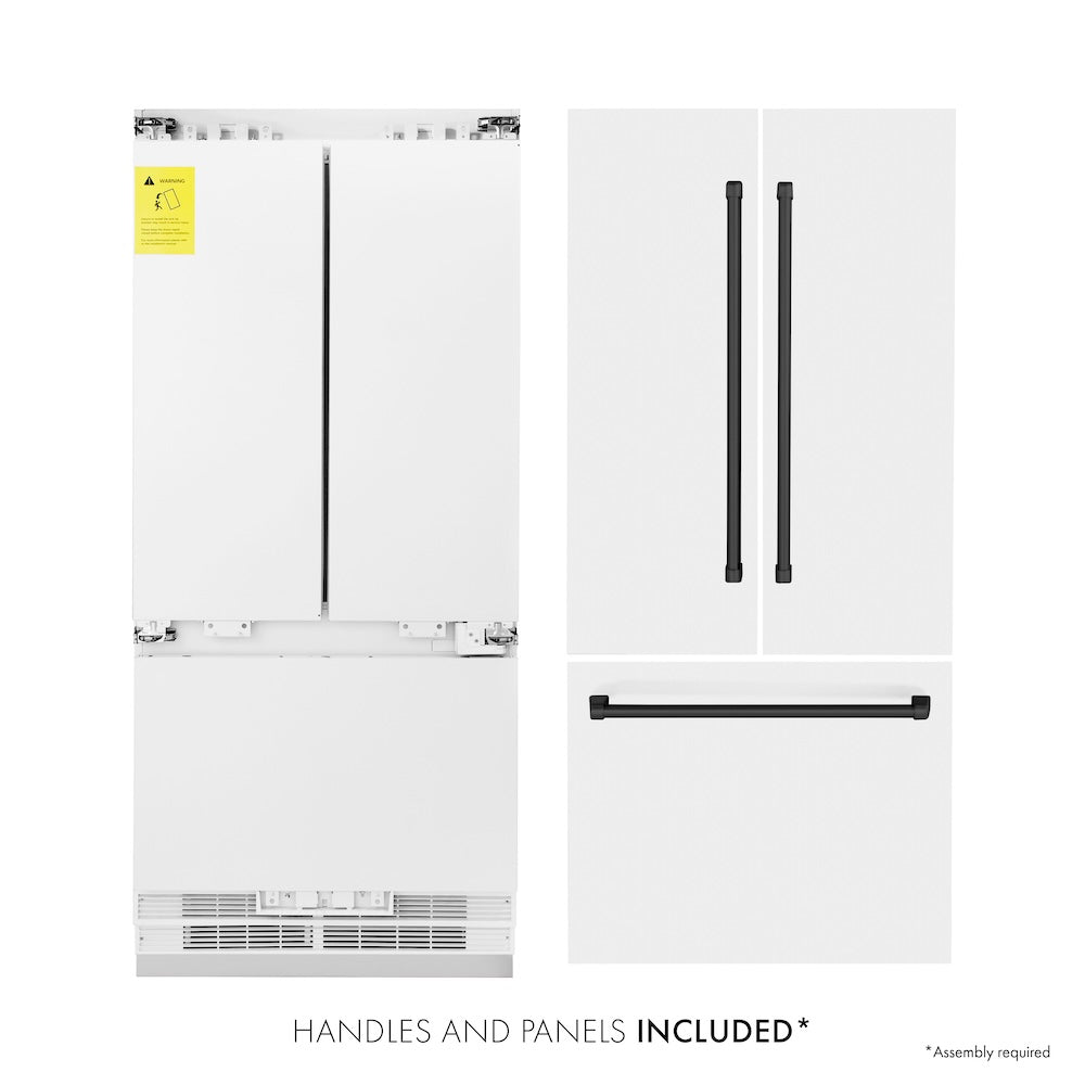ZLINE Autograph Edition 36 in. 19.6 cu. ft. French Door Built-In Bottom Freezer Refrigerator with Water Dispenser and Ice Maker in White Matte with Matte Black Accents (RBIVZ-WM-36-MB) front, refrigeration unit next to panels and handles. Text: Handles and panels included.