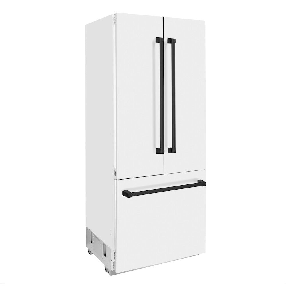 ZLINE Autograph Edition 36 in. 19.6 cu. ft. French Door Built-In Bottom Freezer Refrigerator with Water Dispenser and Ice Maker in White Matte with Matte Black Accents (RBIVZ-WM-36-MB) side, closed.