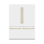 ZLINE Autograph Edition 60 in. 32.2 cu. ft. French Door Built-In Bottom Freezer Refrigerator with Water Dispenser and Ice Maker in White Matte with Champagne Bronze Accents (RBIVZ-WM-60-CB) front, closed.