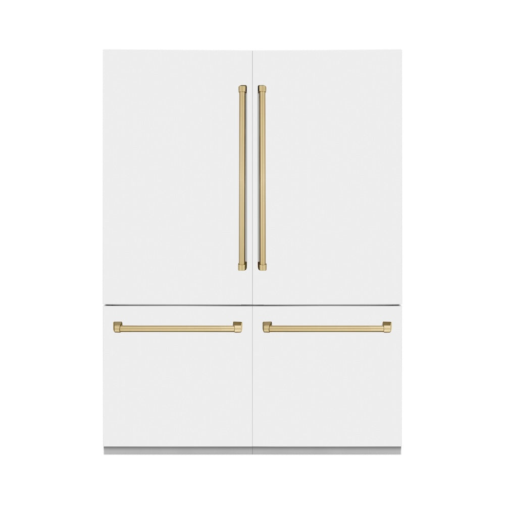 ZLINE Autograph Edition 60 in. 32.2 cu. ft. French Door Built-In Bottom Freezer Refrigerator with Water Dispenser and Ice Maker in White Matte with Champagne Bronze Accents (RBIVZ-WM-60-CB) front, closed.