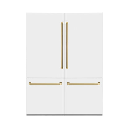 ZLINE Autograph Edition 60 in. 32.2 cu. ft. French Door Built-In Bottom Freezer Refrigerator with Water Dispenser and Ice Maker in White Matte with Champagne Bronze Accents (RBIVZ-WM-60-CB) front, closed.